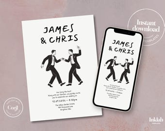 Modèle d'invitation de mariage | invitation minimaliste en noir et blanc | illustration de deux mariés | dessinés à la main | style manuscrit | A04