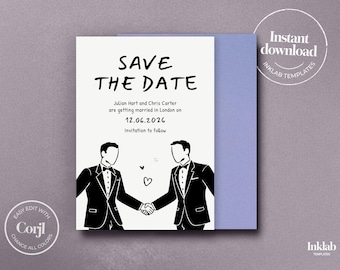 SAVE THE DATE Modèle | Faire-part de mariage gay | Carte pour couples de même sexe | Conception d'illustration de marié | Mariage noir blanc minimaliste | A09