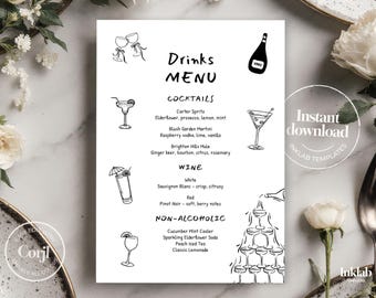 Modèle de MENU BOISSONS | menu minimaliste en noir et blanc | illustrations dessinées à la main | style manuscrit | mariage moderne | numérique | A03