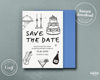 Réservez votre date de mariage modèle imprimable | illustrée de faire-part de mariage | Amusant mariage dessiné à la main, réservez la date Corjl A11 modifiable