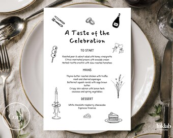 Modèle MENU | menu de mariage minimaliste en noir et blanc | illustrations dessinées à la main | style manuscrit | moderne | A03