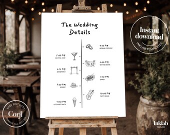 Modèle de PROGRAMME DE MARIAGE | chronologie minimaliste en noir et blanc | illustrations dessinées à la main | style manuscrit ludique | numérique | A03