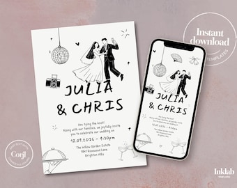 Modèle de faire-part de mariage imprimable | Carte d'invitation illustrée de mariage | Faire-part pour couple de danseurs modernes amusants, modifiable Corjl A11