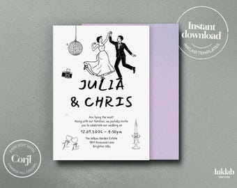 Modèle de faire-part de mariage imprimable | Carte d'invitation illustrée de mariage | Faire-part de mariage moderne et amusant avec un couple dansant |  A10
