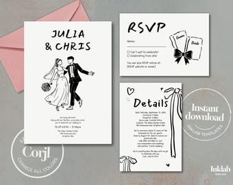MODÈLE DE SUITE D'INVITATION DE MARIAGE | ensemble minimaliste noir et blanc | illustration de danse des mariés | style manuscrite moderne | A06