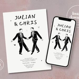 Wedding Invitation Template | Gay Wedding Invite | Same Sex Couple Card | Groom Illustration Modern Minimal | Black White Wedding | A09