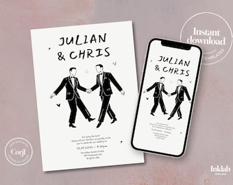 Modèle d'invitation de mariage | Faire-part de mariage gay | Carte pour couples de même sexe | Illustration du marié moderne Minimal | Mariage noir blanc | A09