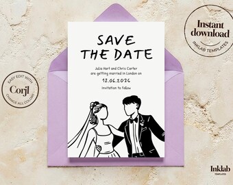 SAVE THE DATE Modèle | de mariage minimaliste moderne | couple dessin au trait noir et blanc | style manuscrit | invitation numérique | A06