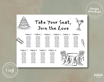 TABLEAU DES SALLES DE MARIAGE | plan de salle en noir et blanc minimaliste | illustrations dessinées à la main | style manuscrit | A03