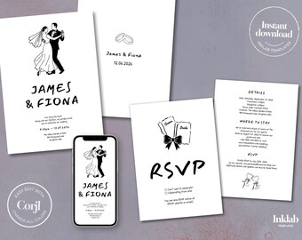 ENSEMBLE D'INVITATION DE MARIAGE | suite minimaliste en noir et blanc | invitation de style manuscrite | illustrations dessinées à la main | minimale | numérique | A03