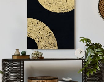 Arte de pared texturizado en negro y oro, pintura abstracta de yeso, obras de arte de sala de estar