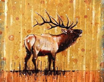 Bull Elk Art Print - Wapiti Acrylic Painting, Wildlife Decor