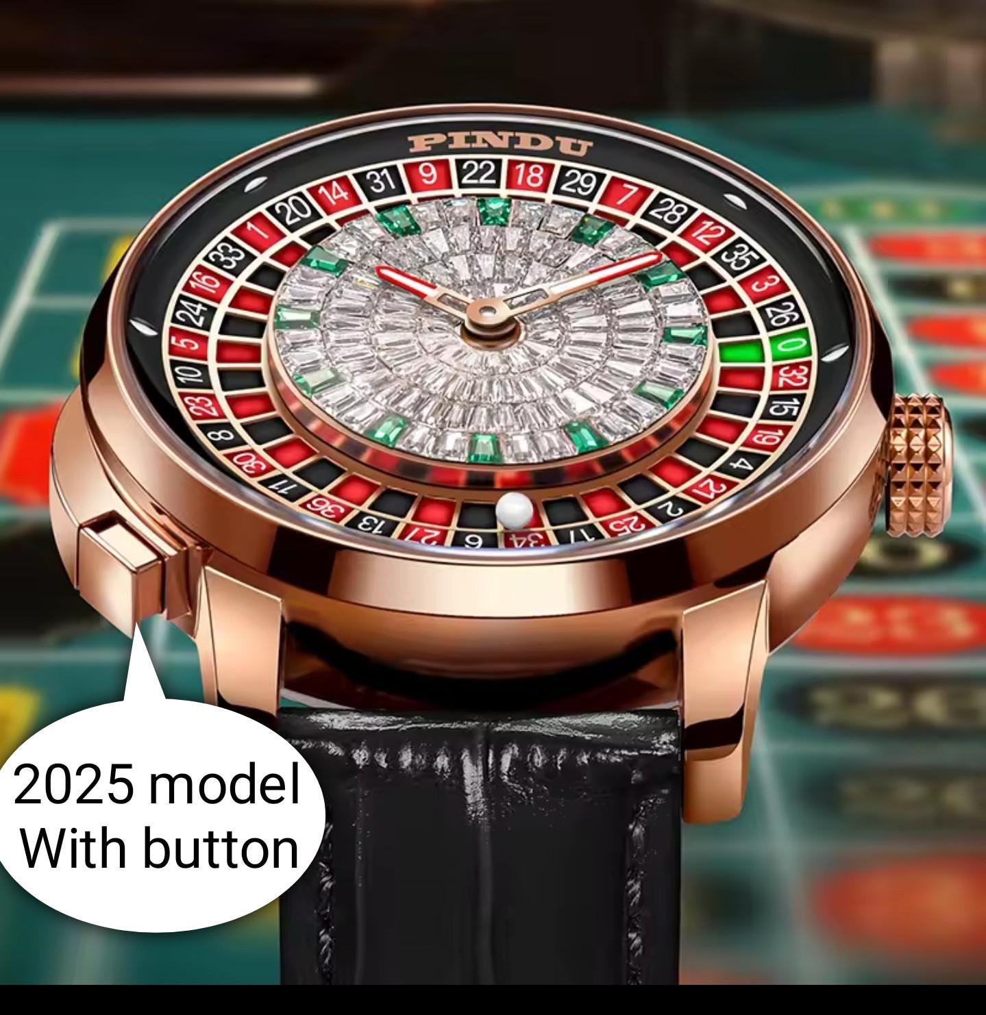 Luxury Casino Roulette Watch for Men Automatic Skeleton Design Rose Gold Case Black Leather Strap Unique Timepiece, Premium Collector's Gift