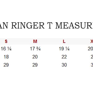 K&ouml;nnte beinhalten: Eine Tabelle mit den Ma&szlig;en von Gildan Ringer T-Shirts in Zoll f&uuml;r die Gr&ouml;&szlig;en S bis 3XL. Die Tabelle enth&auml;lt die &Auml;rmell&auml;nge, die K&ouml;rperbreite und die K&ouml;rperl&auml;nge.