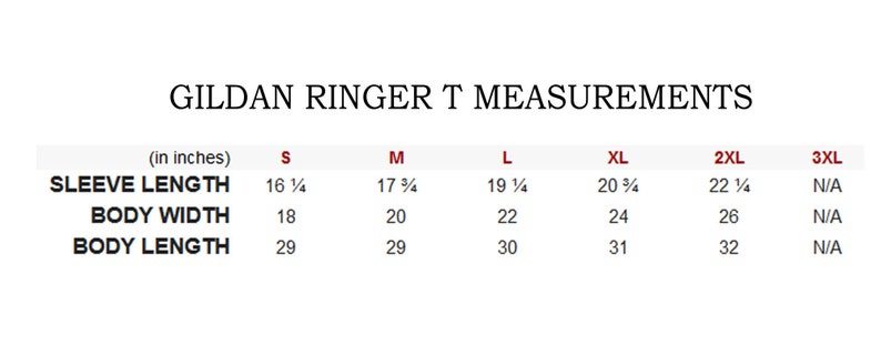 K&ouml;nnte beinhalten: Eine Tabelle mit den Ma&szlig;en von Gildan Ringer T-Shirts in Zoll f&uuml;r die Gr&ouml;&szlig;en S bis 3XL. Die Tabelle enth&auml;lt die &Auml;rmell&auml;nge, die K&ouml;rperbreite und die K&ouml;rperl&auml;nge.