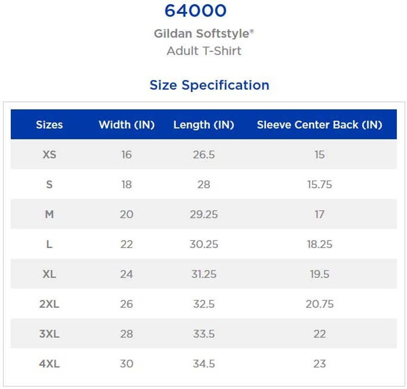 K&ouml;nnte beinhalten: Gr&ouml;&szlig;entabelle f&uuml;r das Gildan Softstyle&reg; Adult T-Shirt, zeigt die Gr&ouml;&szlig;en XS bis 4XL mit den entsprechenden Ma&szlig;en f&uuml;r Breite, L&auml;nge und &Auml;rmelr&uuml;ckenmitte in Zoll.