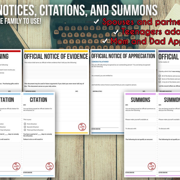 Printable Family Notices | Warning to Husband | Printable Apology to Wife | Printable Citations for Kids |  Printable Family Notices