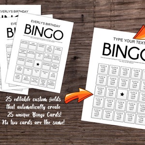 Printable Bingo Cards | Custom Bingo Cards |  Cards fill automatically | 25 unique Bingo cards | Instant Download PDF | Bingo Game | Custom