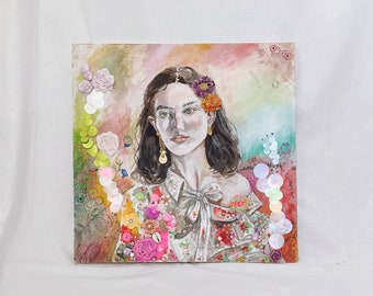 Portrait painting, female, embellished, 3D, floral, roses, flowers, sequins, beads, pretty, romantic, surreal, crystal, shell, canvas