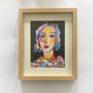 original signed water colour painting, portrait of woman, colourful, vintage, female, illustration, ink, drawing, on paper, framed