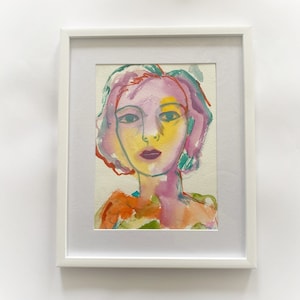 original signed water colour painting, portrait of woman, colourful, vintage, female, illustration, ink, drawing, on paper, framed