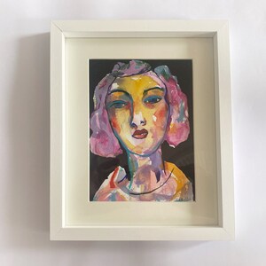 original signed water colour painting, portrait of woman, colourful, vintage, female, illustration, ink, drawing, on paper, framed