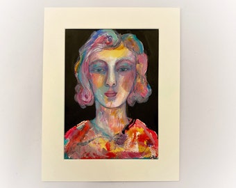 original signed water colour painting, portrait of woman, colourful, vintage, female, illustration, ink, drawing, on paper, framed