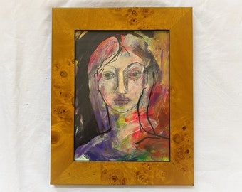 Original, signed, framed, water colour portrait, female, beautiful, woman, painting, modernist, colourful, expressionist, impressionist, red