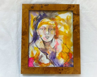 Original, signed, framed, water colour portrait, female, beautiful, woman, painting, modernist, colourful, expressionist, impressionist, red
