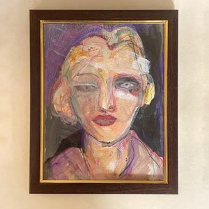 original signed water colour painting, portrait of woman, colourful, gold frame, female, illustration, drawing, on paper, framed,