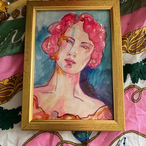 original signed water colour painting, portrait of woman, colourful, vintage, female, illustration, ink,drawing, on paper, framed, beautiful