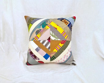 patchwork, recycled, vintage fabric, sustainable, colourful, bright, neon, yellow, striped, Memphis Milano inspired print, 80's, cushion