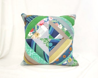 patchwork, recycled, vintage fabric, Panton, sustainable, colourful, bright, green, blue, striped, print, 80's, cushion