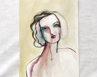 water colour painting, portrait, of a woman, vintage, fashion illustration, ink, drawing, on paper