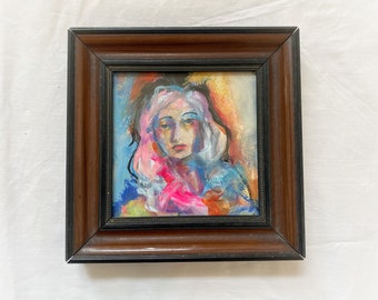 Original, signed, framed, water colour portrait, female, beautiful, woman, painting, modernist, colourful, expressionist, impressionist, red