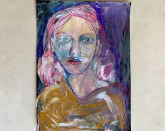 May include: A painting of a person with pink hair and a gold and purple background. The person is looking directly at the viewer.