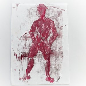 Original, signed oil Monotype portrait, male, painting, illustration, peaked cap,  LGBTQ, gay interest, queer, leather man, cruising