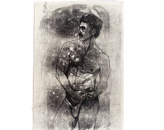 Original, signed oil monotype portrait, male nude, painting, illustration, gay, LGBTQ, homoerotic, drawing, vintage, thong, beard, handsome