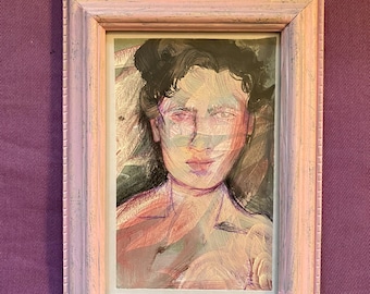 original signed water colour painting, portrait of man, colourful, vintage, pink, illustration, ink, drawing, framed non binary lesbian