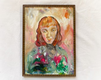 Original, signed, framed, water colour portrait, female, beautiful, woman, painting, modernist, colourful, expressionist, impressionist, red