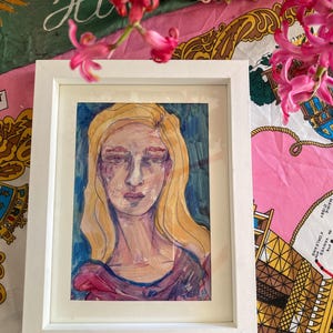 original signed water colour painting, portrait of woman, colourful, vintage, female, illustration,  drawing, on paper, framed