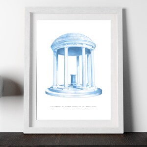 May include: A watercolor illustration of the iconic Old Well on the campus of the University of North Carolina at Chapel Hill. The well is a white, domed structure with columns and a small pedestal in the center. The illustration is in shades of blue.