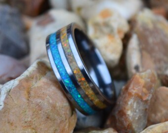 The Beach (blue & gold Opal glow ring, Tungsten Carbide)