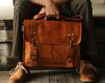 Sac porte-documents bandoulière pour ordinateur portable vintage Messenger en cuir marron véritable pour homme