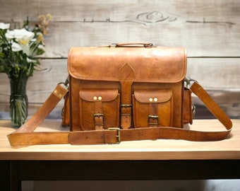 Nouveau sac vintage marron pour homme en cuir à bandoulière pour ordinateur portable