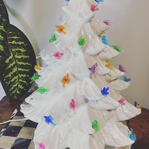 Vintage Large White Ceramic Christmas Tree 19" with star and bird lights