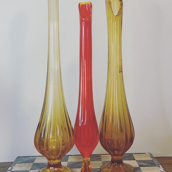 MCM art glass vases/ Stretch swung vase/ vintage home decor / ombre amber vase