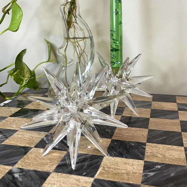 Vintage star shaped clear candle stick holders, pair