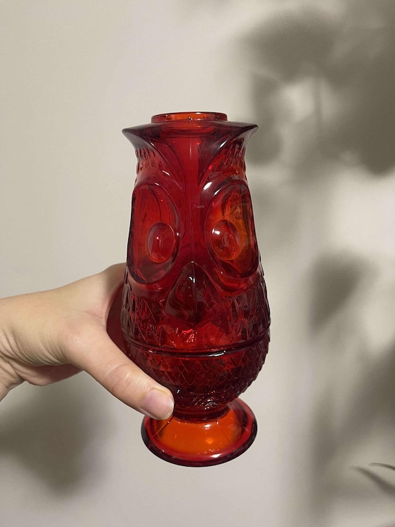 Viking Ruby Red Glass Owl Fairy Lamp, Mid Century Modern Tea Light