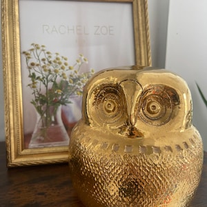 Peut inclure: Une figurine de hibou dorée avec des détails texturés, posée sur une surface en bois. En arrière-plan, une photo encadrée avec le texte "RACHEL ZOE" et un vase de fleurs. Le hibou a de grands yeux ronds et un bec détaillé.